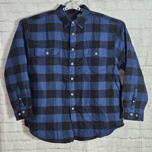 VTG Flannel Button Up Shirt Jacket Men's XL Blue Black Plaid Quilted Shacket